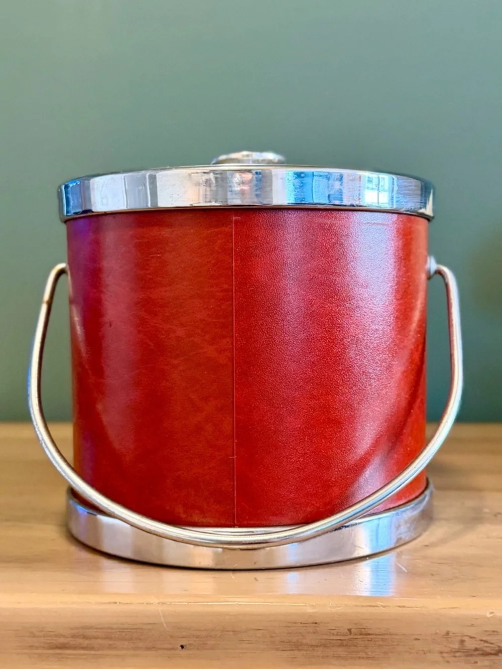 Vintage MCM Ice Bucket Bar Set Red Faux Leather w/ Tools Vegas Glam